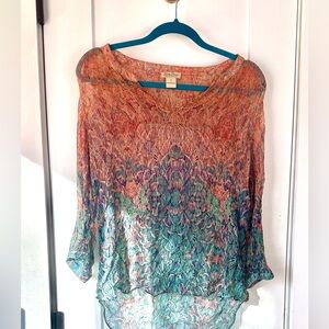 Lucky Brand peach & Green Sheer Blouse | Size M | Flowy Top